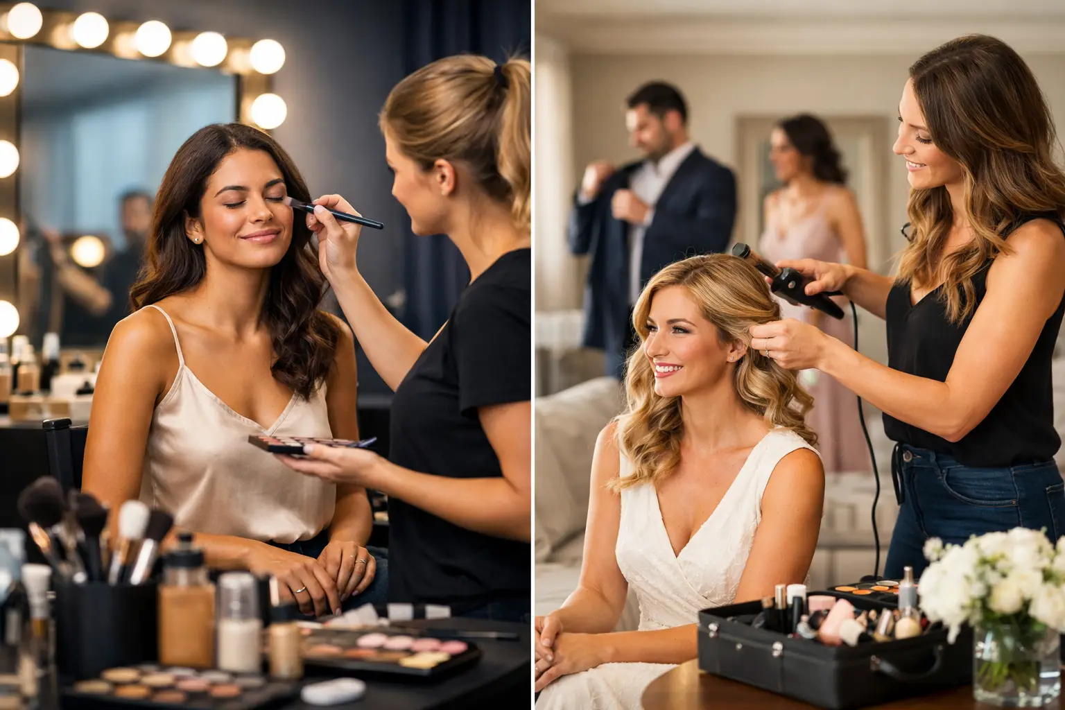 Maquiadora finalizando maquiagem em estúdio e penteado com babyliss em atendimento a domicílio para evento