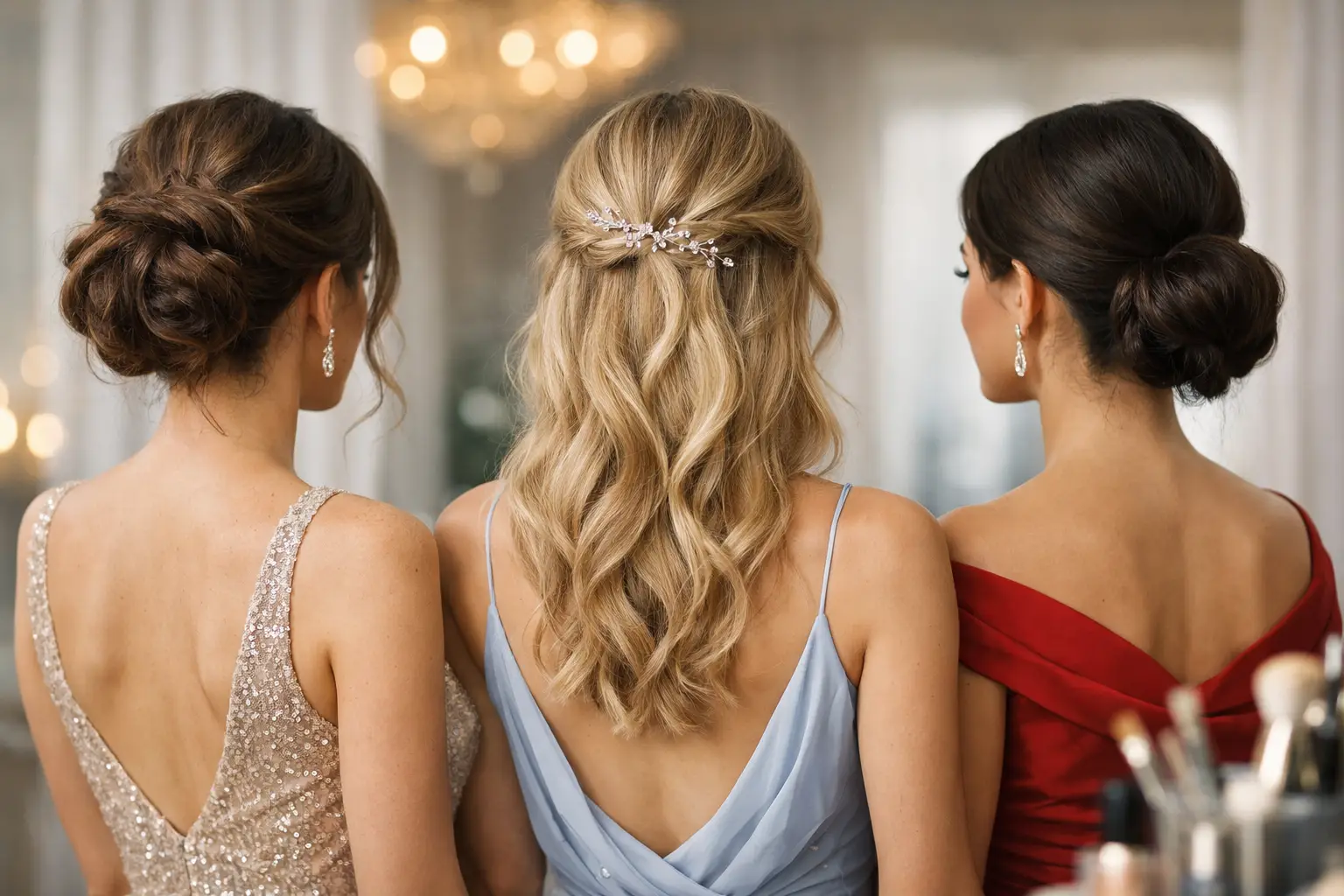Mulher com penteado semi-preso ao lado, valorizando o decote do vestido de festa