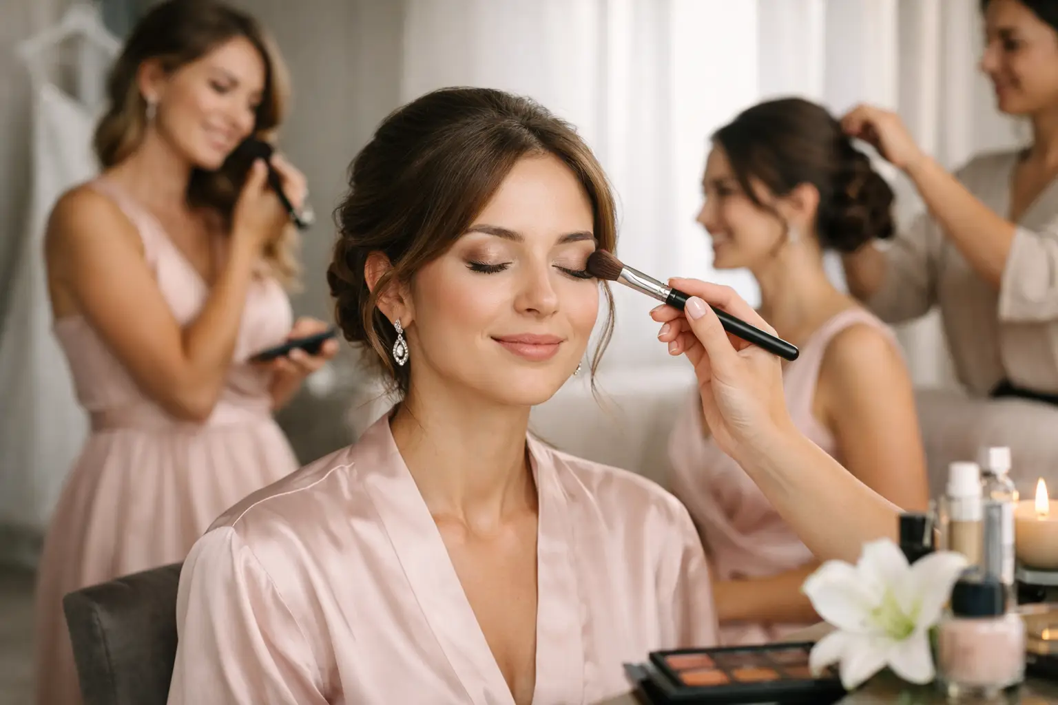 Madrinhas se arrumando juntas antes do casamento, com maquiagem e penteado prontos