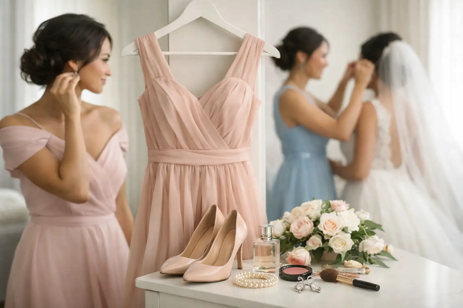 Madrinhas se produzindo antes do casamento, com vestido rosa, penteado preso e acessórios prontos