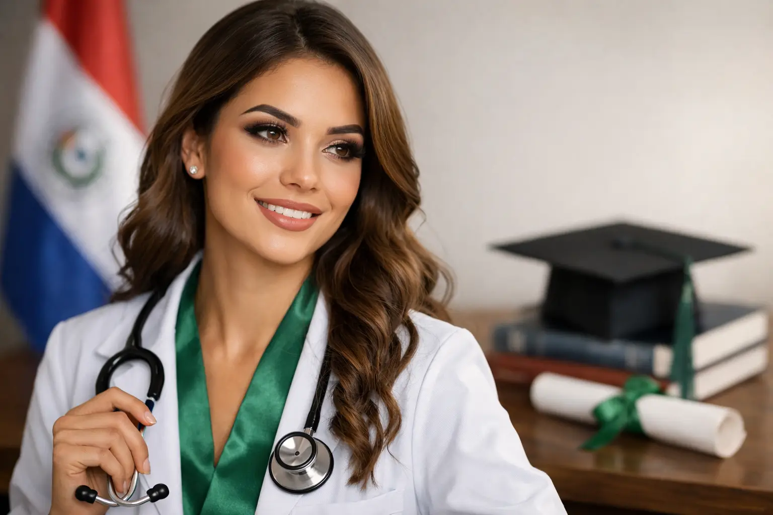Formanda de medicina com jaleco e faixa verde, maquiagem em pele natural e olhos esfumados, com bandeira do Paraguai ao fundo
