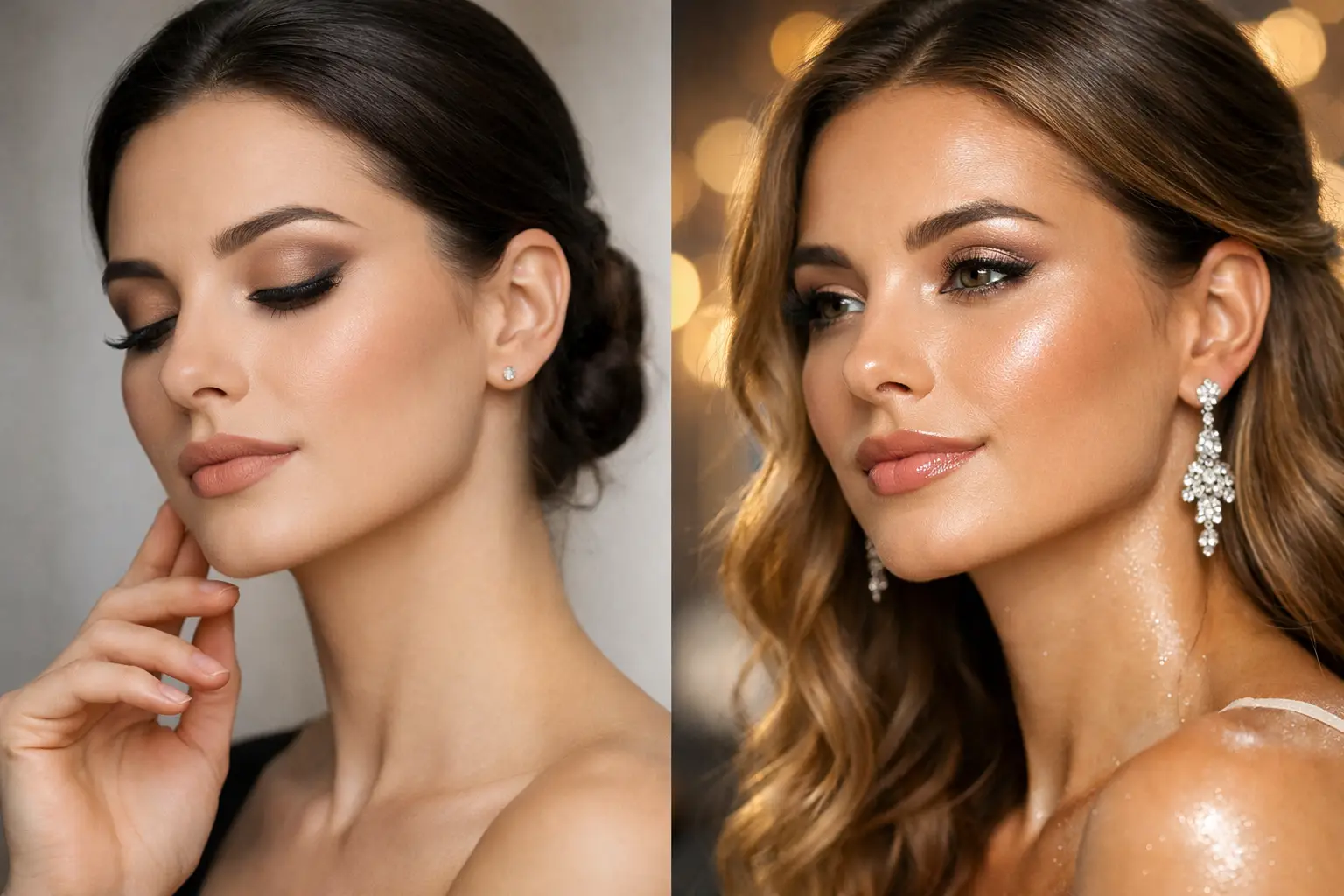 Mulher maquiada para evento com pele de acabamento equilibrado entre matte e glow