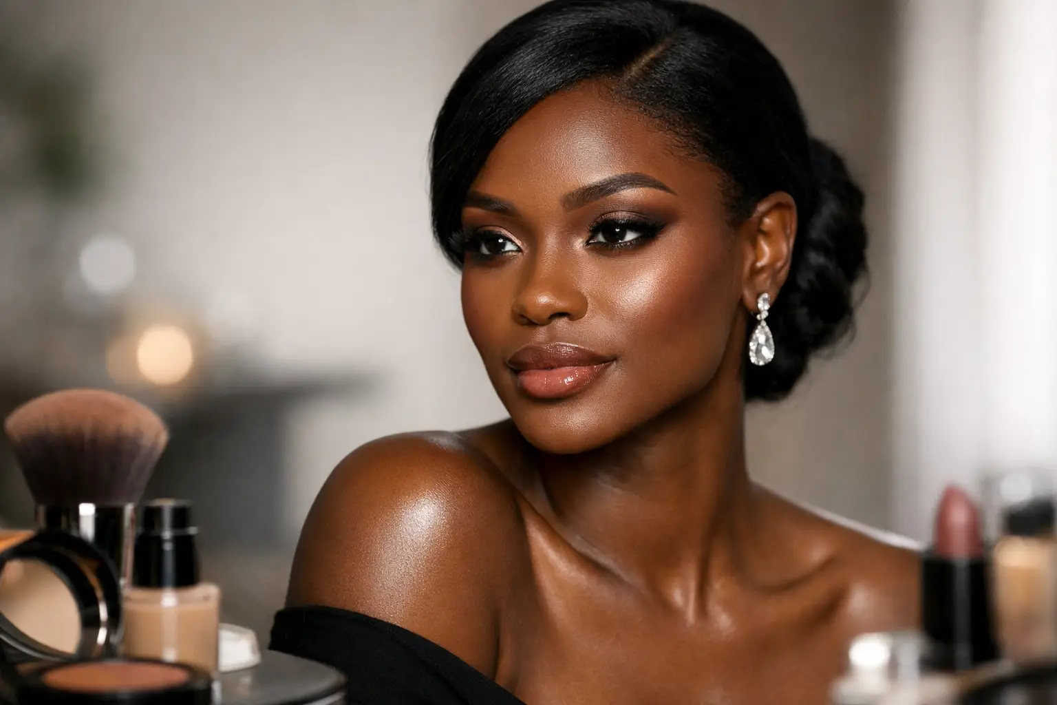 Mulher negra com maquiagem social em tons de bronze, olhos esfumados e boca nude, sentada no estúdio ao lado de base, pó e pincéis