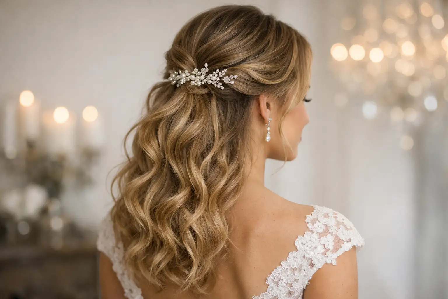 Penteado semi preso com ondas soltas para casamento