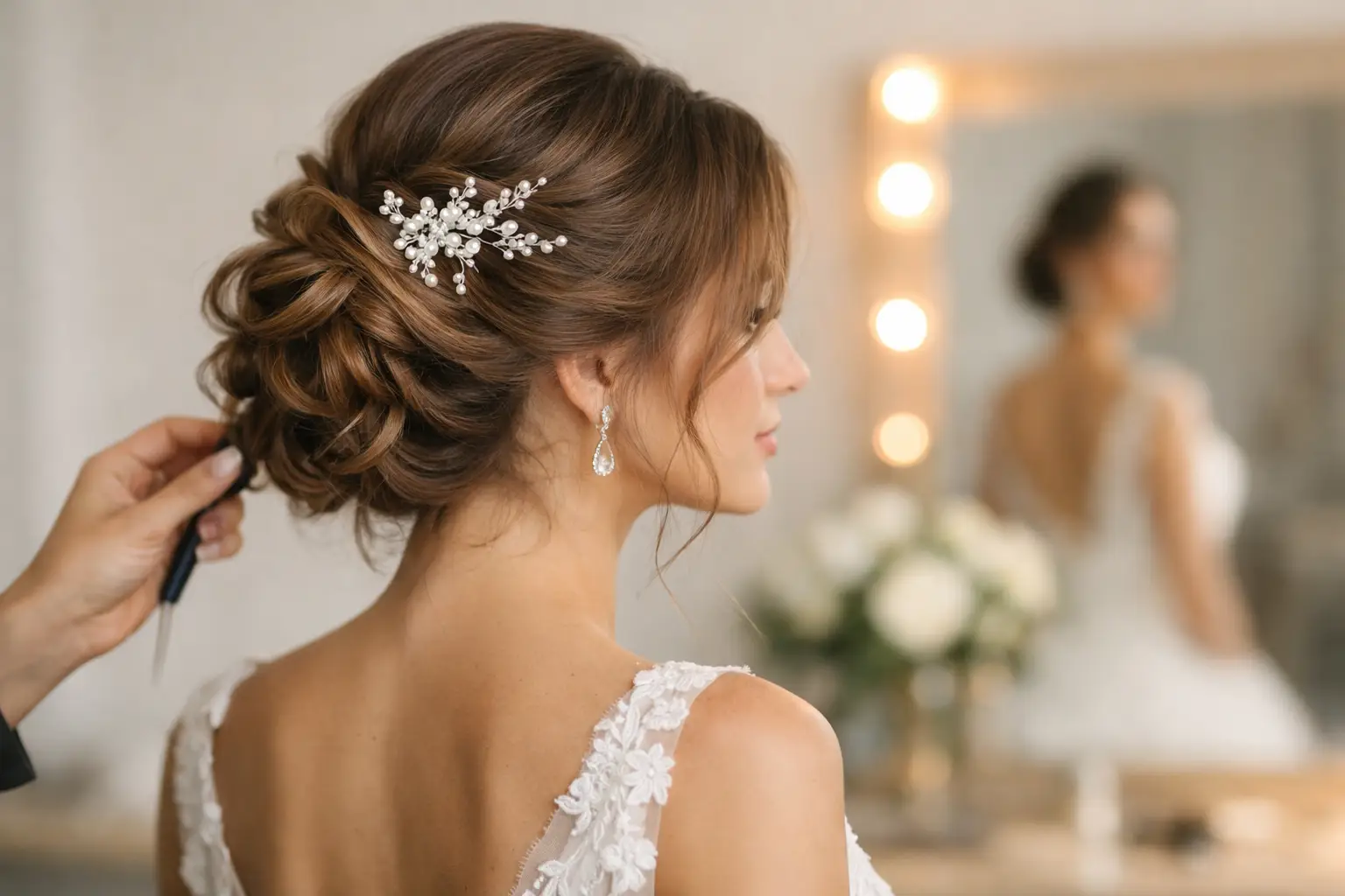 Penteado semi-preso com ondas trabalhadas em madrinha de casamento