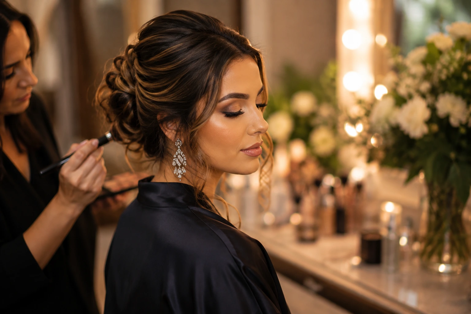 Mulher com maquiagem e penteado prontos para um evento em Foz do Iguaçu